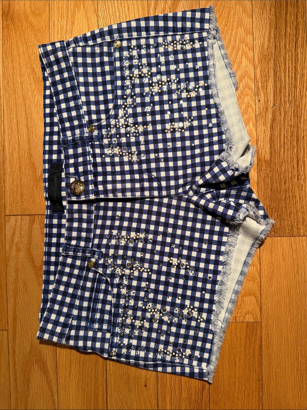 Juicy Courite Gingham Embellished Denim Shorts - Blue & White size 26